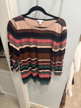 J. Jill Striped Long-Sleeve Knit Top in Pink, Brown & Green